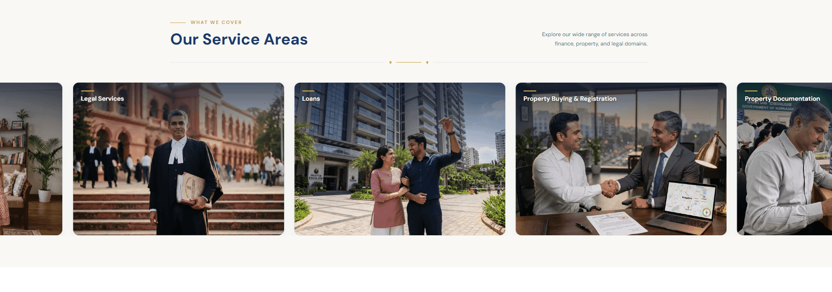 The service-area carousel, spanning finance, property and legal.