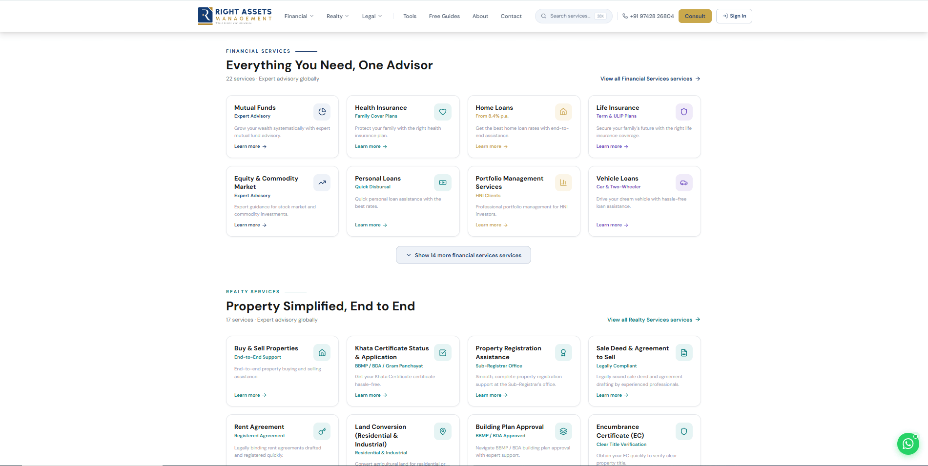 Forty-eight services across three verticals, grouped and expandable rather than listed flat.