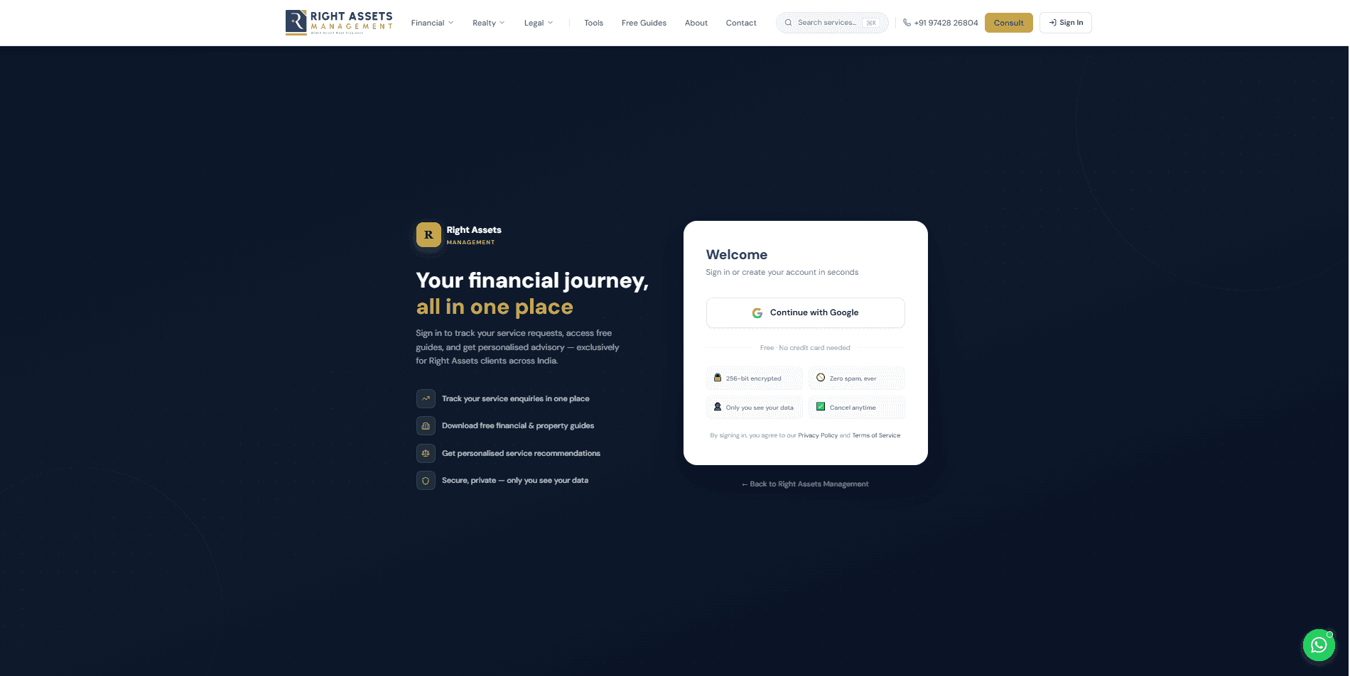 Client sign-in for tracking service requests and downloading guides.