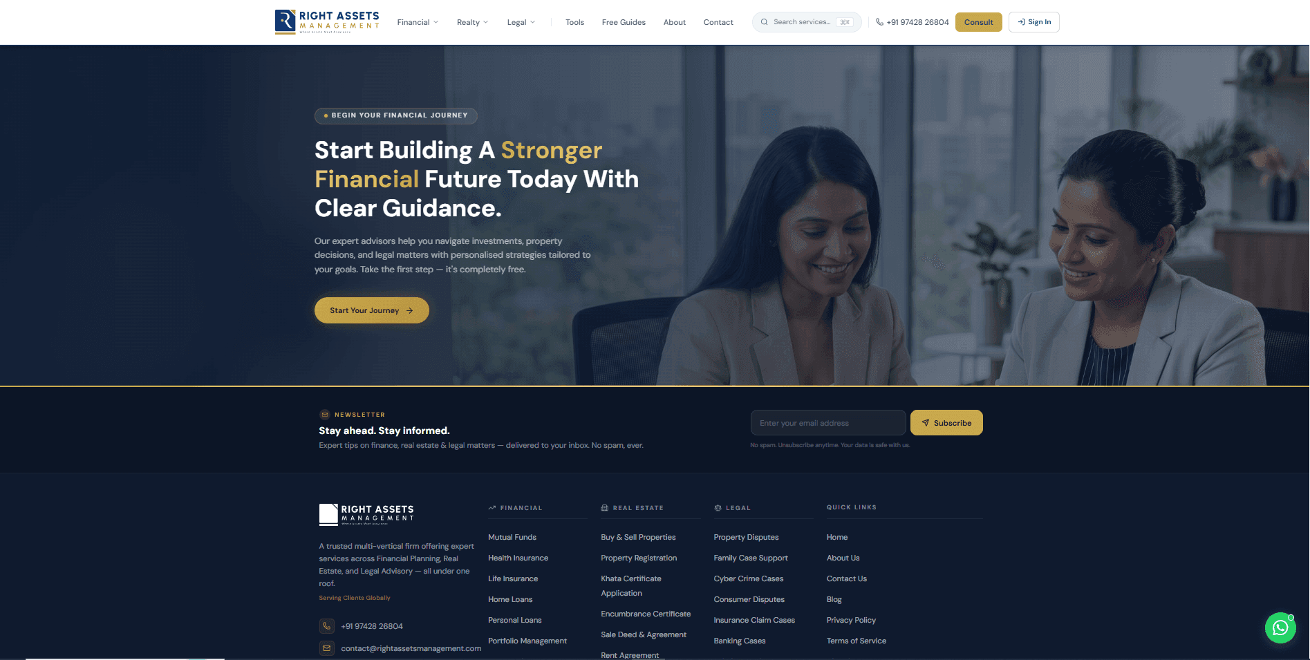 The second hero treatment, with the newsletter capture and footer beneath it.