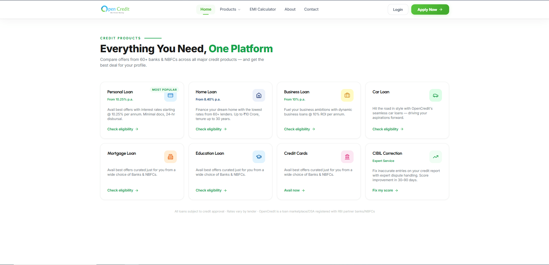 Eight credit products in one grid, each carrying its own starting rate rather than a generic "apply".