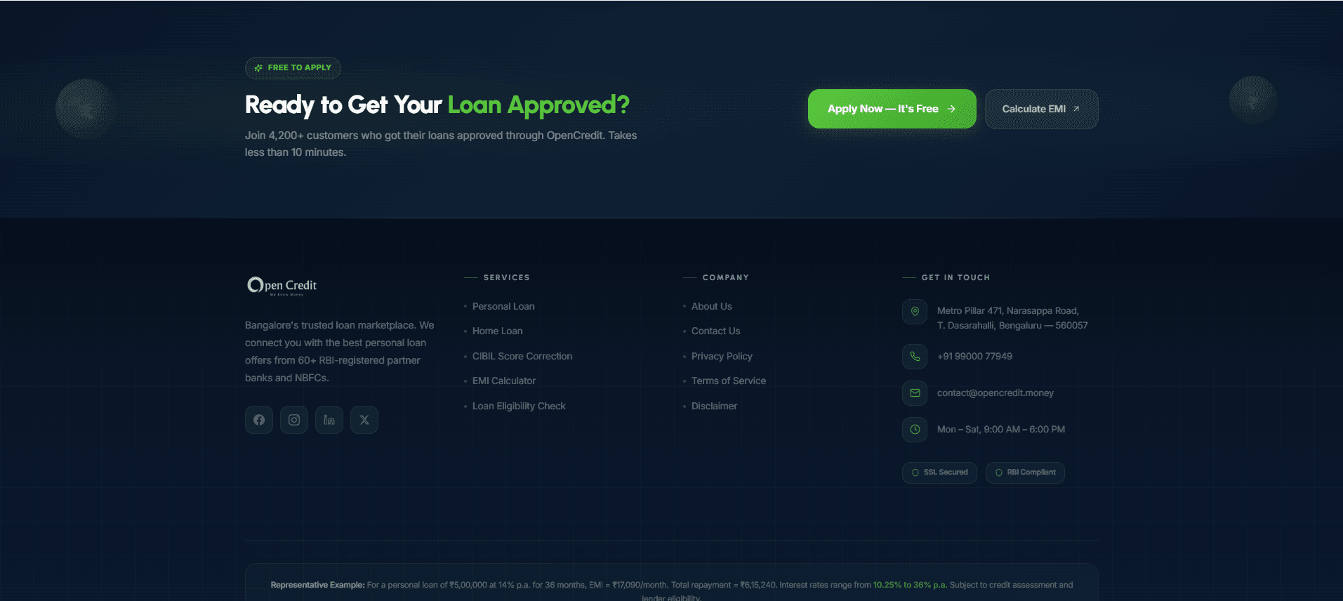 Closing call to action, with the RBI and SSL badges and the representative-example disclosure beneath it.